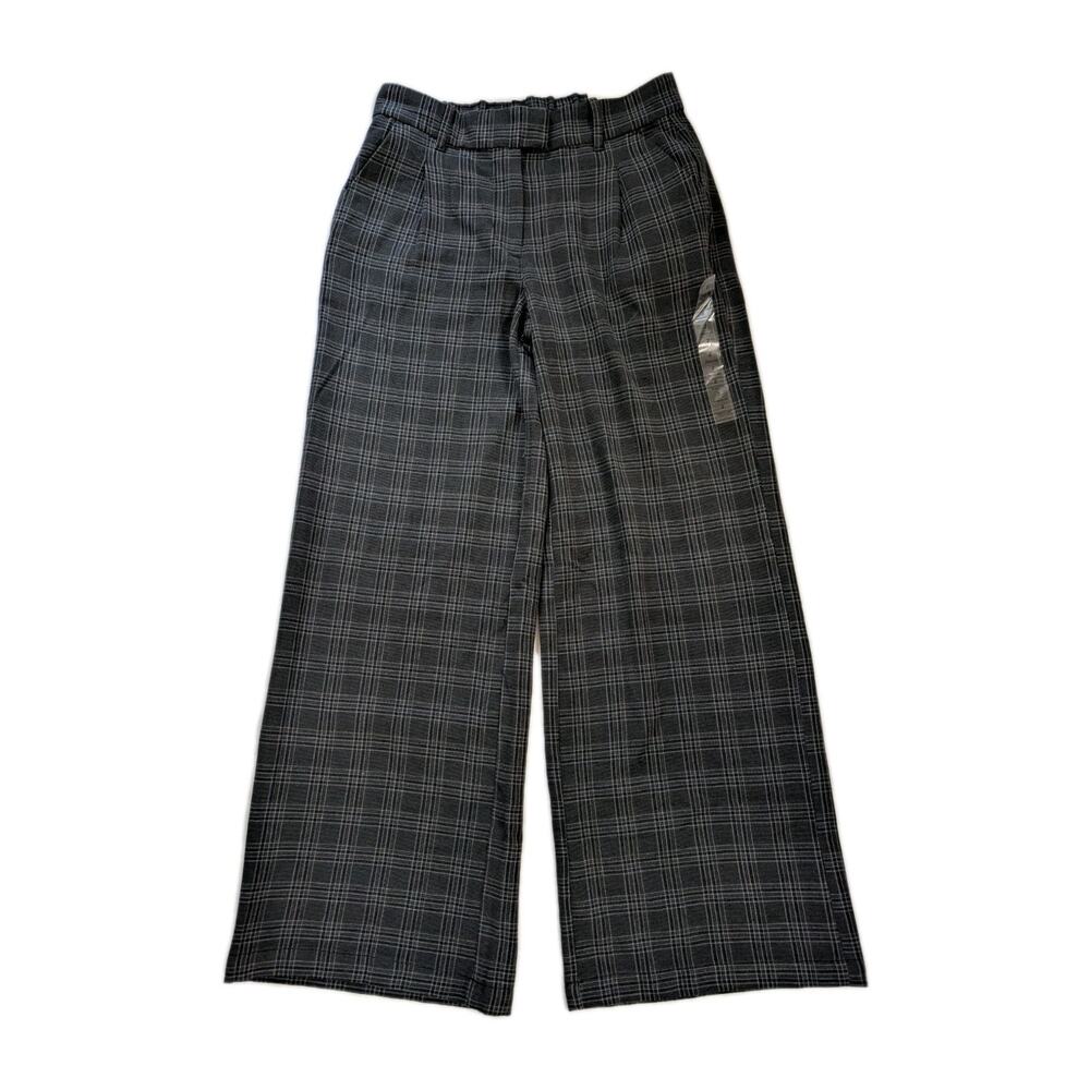 New American Eagle Grey Plaid Wide Leg Trouser Pants High Rise Stretch Size 2